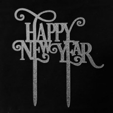 Cake topper happy new year zilver sparkle glitter 